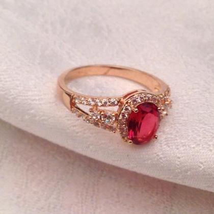 Bling Rose Gold Ring With Oval Red Quartz Stone