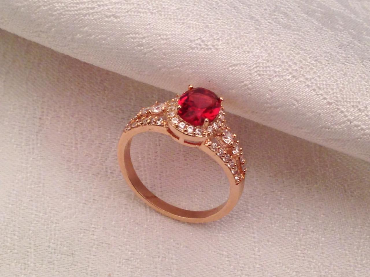 Bling Rose Gold Ring With Oval Red Quartz Stone
