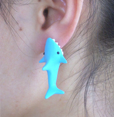 Handmade Cute Blue Shark Earring Made With Soft Pottery Clay